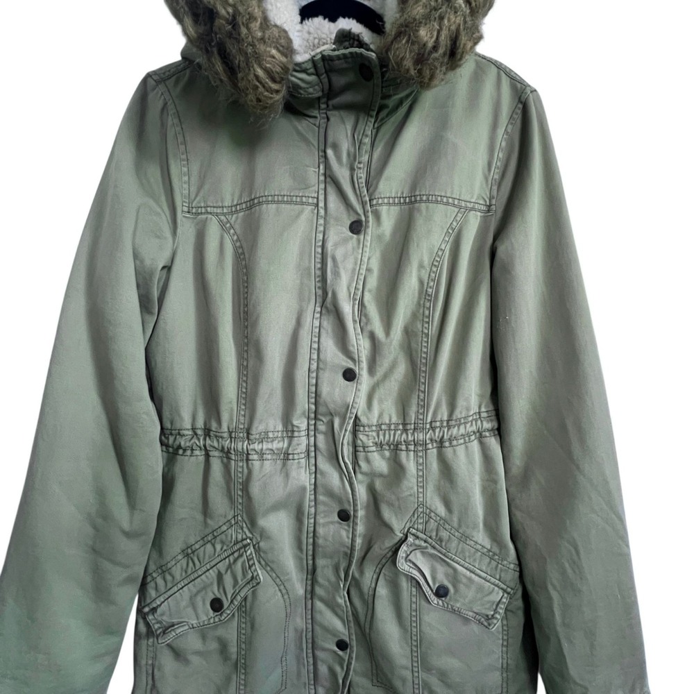 Hollister Parka Women Large Olive Green Sherpa Faux Fur Hood Utility Jacket